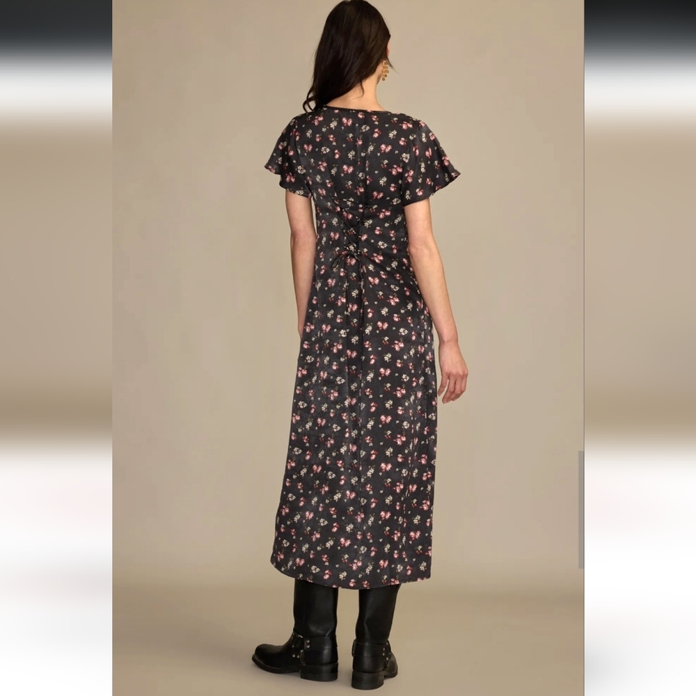 NWT Lucky Brand Black Floral Flutter Sleeve Midi Dress Boho Front Slit Size XS - Picture 3 of 6